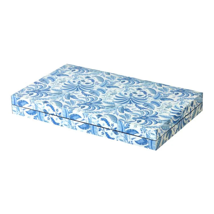 The Addison Ross Palm Beach Backgammon Set - Blue is a luxury rectangular box with a blue and white floral pattern, shown closed against a white background.