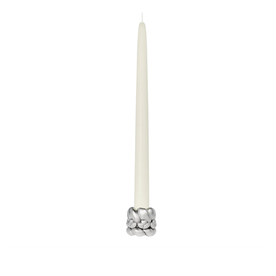 The Babylone Candlestick Holder by Christofle is a tall, ivory candle set in an elegant silver sculpted metallic ring with a cluster design—perfect for interior decor, displayed against a plain white background.