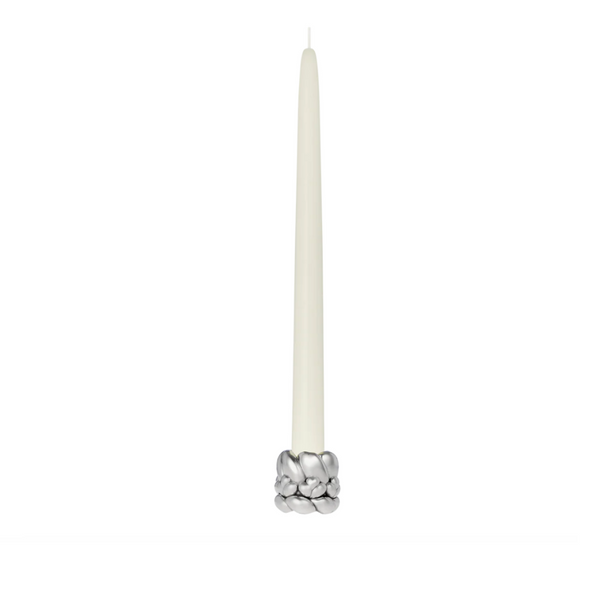 The Babylone Candlestick Holder by Christofle is a tall, ivory candle set in an elegant silver sculpted metallic ring with a cluster design—perfect for interior decor, displayed against a plain white background.