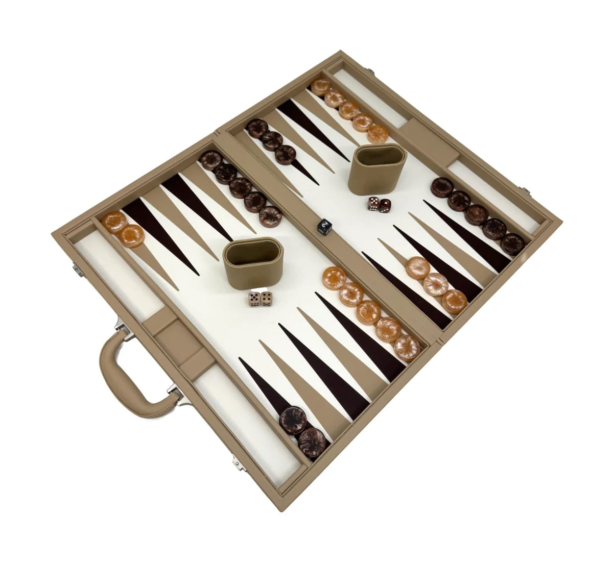 The Tizo Viceroy Backgammon - Tan 18″ set features brown and cream pieces, two dice, two dice cups, and comes in an elegant beige case with a handle crafted in tan faux leather—an overhead view reveals a true luxury backgammon experience for sophisticated game nights.