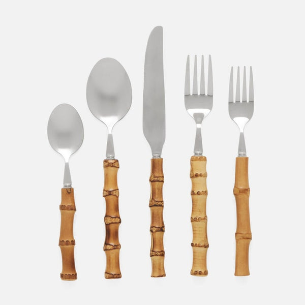 The Blue Pheasant Zoya Bamboo 5 Piece Setting features matte silver heads and bamboo-style handles on a spoon, soup spoon, knife, dinner fork, and salad fork—ideal for chic table decor.