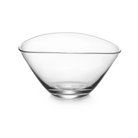 The Barre Bowl by Simon Pearce features clear glass and a wide, slightly asymmetrical rim, crafted in contemporary style and shown on a white background.