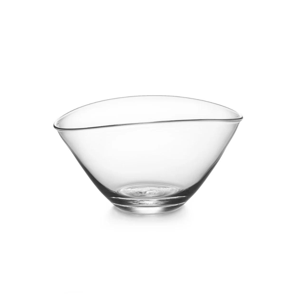 The Simon Pearce Barre Bowl, a clear handmade glass bowl with a gently flared rim, sits centered on a white background, showcasing the elegance of contemporary design.