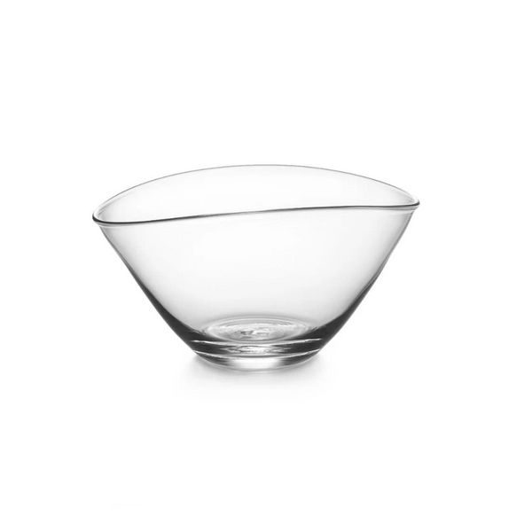 The Simon Pearce Barre Bowl, a clear handmade glass bowl with a gently flared rim, sits centered on a white background, showcasing the elegance of contemporary design.