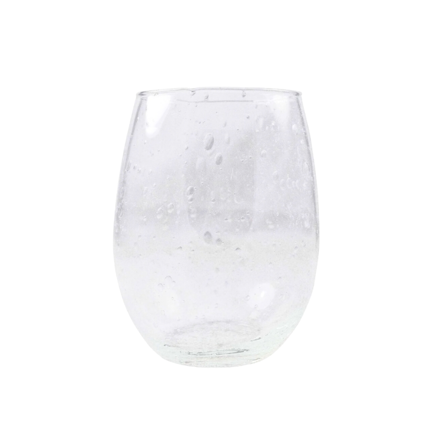 The Mariposa Bellini Glassware is a clear, stemless wine glass with a rounded shape and small air bubbles embedded in the Italian glass, shown on a white background.