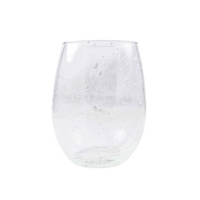 The Mariposa Bellini Glassware is a clear, stemless wine glass with a rounded shape and small air bubbles embedded in the Italian glass, shown on a white background.
