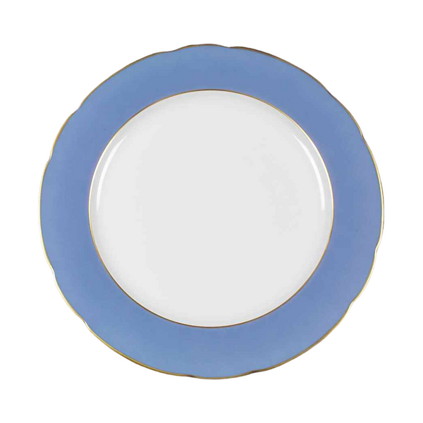 The Bernardaud A La Reine Charger Sky Blue is crafted from Limoges porcelain and features a white center, a light blue border, and a thin gold rim—an elegant design ideal for fine dining.