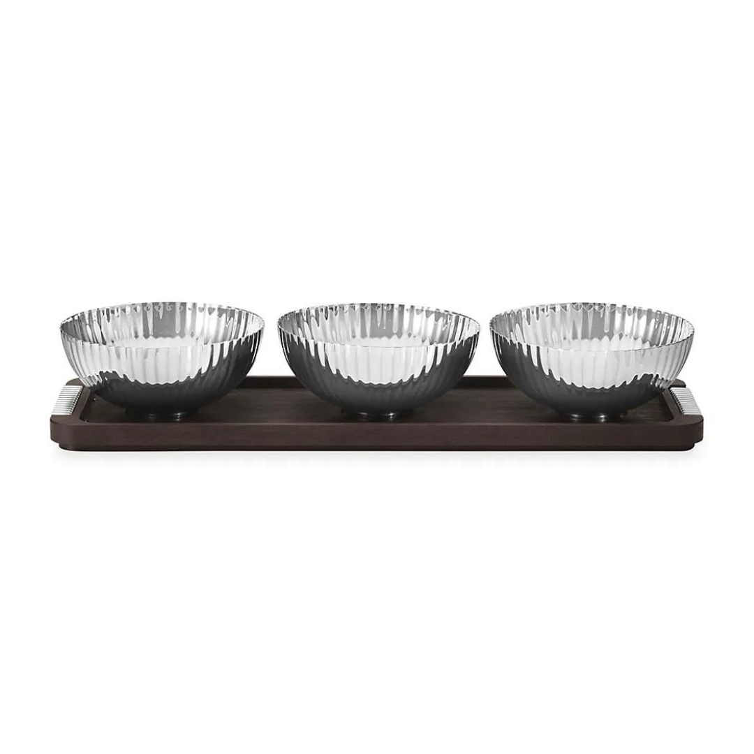 The Georg Jensen Bernadotte Triple Bowl Set features three clear, ribbed glass bowls arranged on a rectangular smoked oak tray, displayed from the front against a white background.