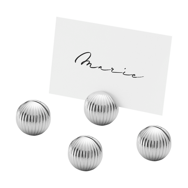 The Georg Jensen Bernadotte Table Card Holders Set of 4 features round, silver, ribbed Art Deco designs—ideal for elegantly displaying names like "Marie" at your table.