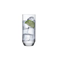 The Big Top Barware Set of 4 by Nude Glassware features tall, clear modern glasses with vertical ridges, shown here filled with ice, water, and a lime wedge.