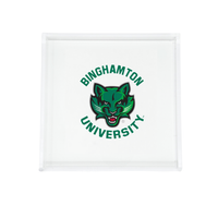 The Eye Candy College Acrylic Catchall Tray features the Binghamton University logo with a green wildcat mascot and "Binghamton University" text, making it a stylish and practical accessory for any dorm room.