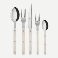 The Sabre Bistrot Pearly 5 Piece Setting - Shiny includes a tablespoon, dinner knife, dinner fork, salad fork, and teaspoon—each with cream mother-of-pearl handles and metal rivets—shown upright on a white background.
