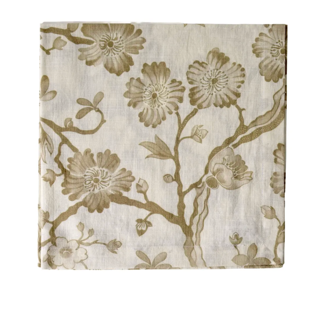 The Oriental Blossom Napkin Set of 4 by Deborah Rhodes features beige and light brown floral and branch patterns on white—perfect for charming table decor or pairing with your favorite napkins.