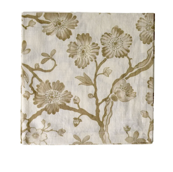 The Oriental Blossom Napkin Set of 4 by Deborah Rhodes features beige and light brown floral and branch patterns on white—perfect for charming table decor or pairing with your favorite napkins.