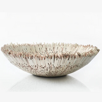 The Boracay Centerpiece Ivory Bowl by Lily Juliet is a round, shallow ceramic bowl featuring vertical white and brown textured ridges radiating from the center, its artisan design inspired by sea urchin spines.