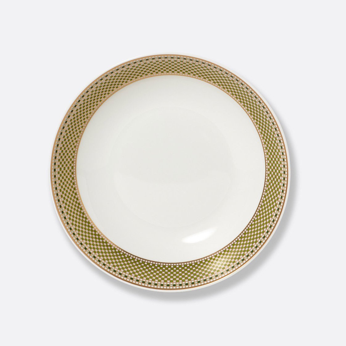 The Augusta Dinnerware plate by Bernardaud is a white ceramic piece with a wide gold and black geometric Art Deco rim, shown from above against a plain light background.