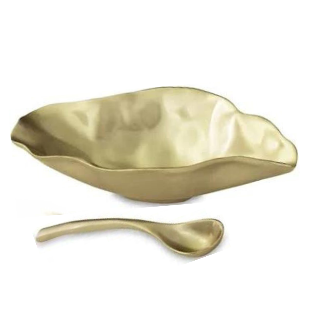 The Beatriz Ball Sierra Maia Sauce Bowl with Spoon features a handmade gold-toned aluminum design with an irregular shape and smooth metallic finish, adding style and durability to any table setting.