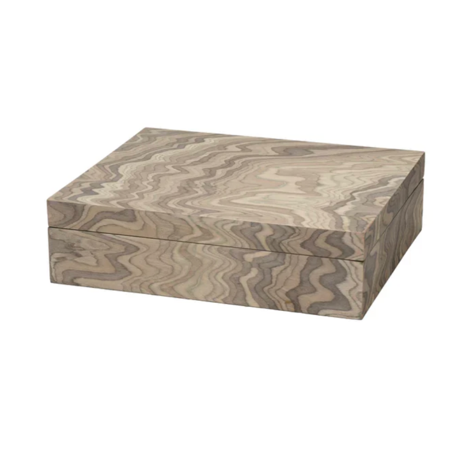 The Ravine Box - Grey by Jamie Young is a rectangular wooden box with a lid, showcasing an artisan-crafted, wavy marbled grain in light brown tones. This decorative storage piece is closed and set against a plain white background.