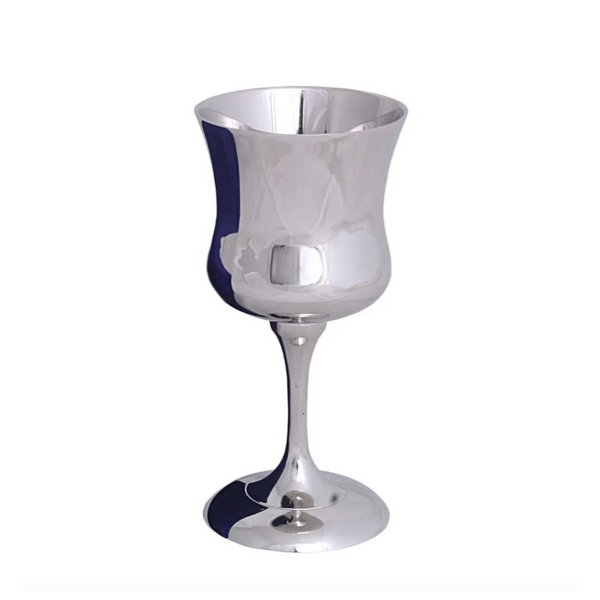 The BT-Shalom Brass High Polish Nickel Kiddush Cup features a curved bowl, narrow stem, and round base, shown against a plain white background.