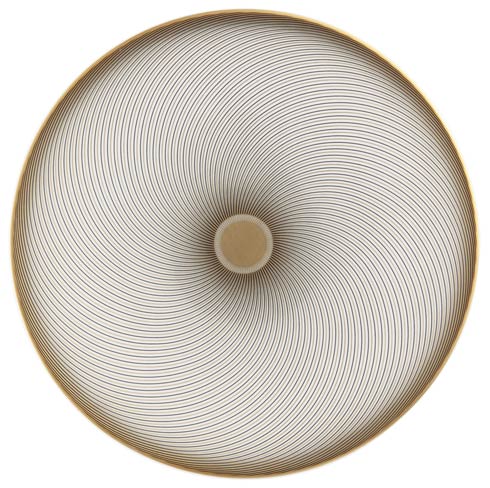 The Oskar Dinnerware by Raynaud features a circular geometric design of thin black lines spiraling from a beige center on white, accented with a golden-brown rim and inspired by classic Raynaud dinnerware.
