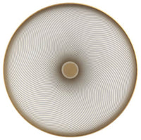 The Oskar Dinnerware by Raynaud features a circular geometric design of thin black lines spiraling from a beige center on white, accented with a golden-brown rim and inspired by classic Raynaud dinnerware.