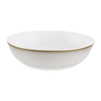 The Oskar Dinnerware by Raynaud is a white ceramic bowl featuring a smooth, modern look with a subtle gold rim and thin diagonal lines forming an elegant geometric design around the outside.