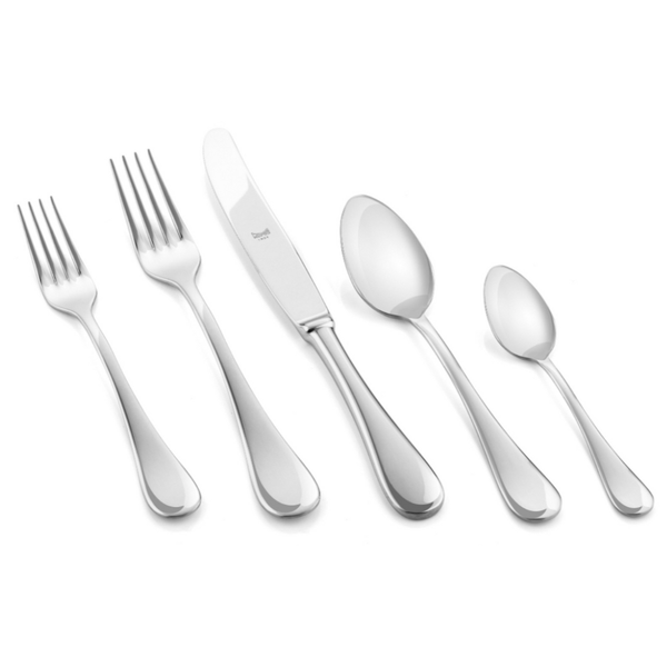 The Mepra Brescia Flatware 5 Piece Setting includes two forks, a knife, a large spoon, and a small spoon—all in matching, simple designs made of 18/10 stainless steel.