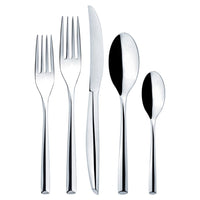 The Vista Alegre Zeta Stainless Steel Flatware 5 Piece Setting, including a small fork, large fork, knife, large spoon, and small spoon, is elegantly displayed side by side on a white background.