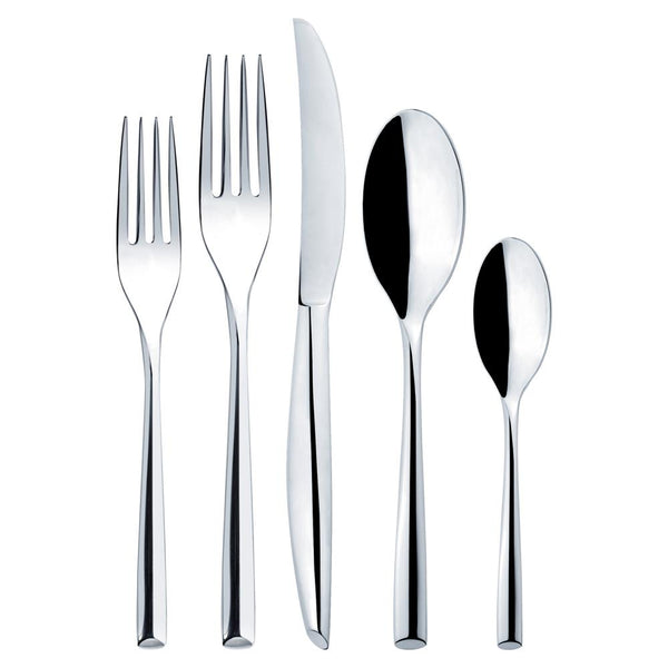 The Vista Alegre Zeta Stainless Steel Flatware 5 Piece Setting includes two forks, a knife, a large spoon, and a small spoon, all arranged side by side on a white background.