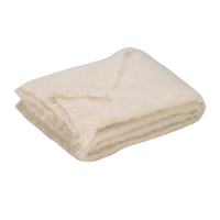 A folded, soft Brushed Cream Alpaca Throw by Lands Downunder with a fuzzy texture rests on a white background, offering luxurious warmth and comfort.