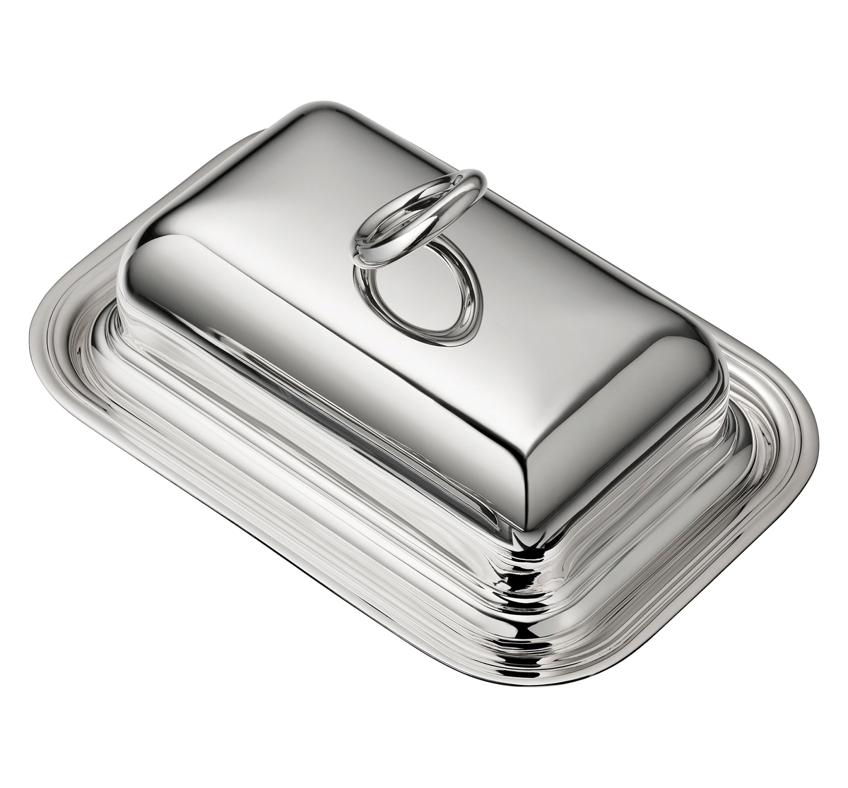 Rectangular silver-plated Christofle Vertigo Silver-Plated Butter Dish with Lid featuring a ring-shaped handle and the signature Vertigo pattern.