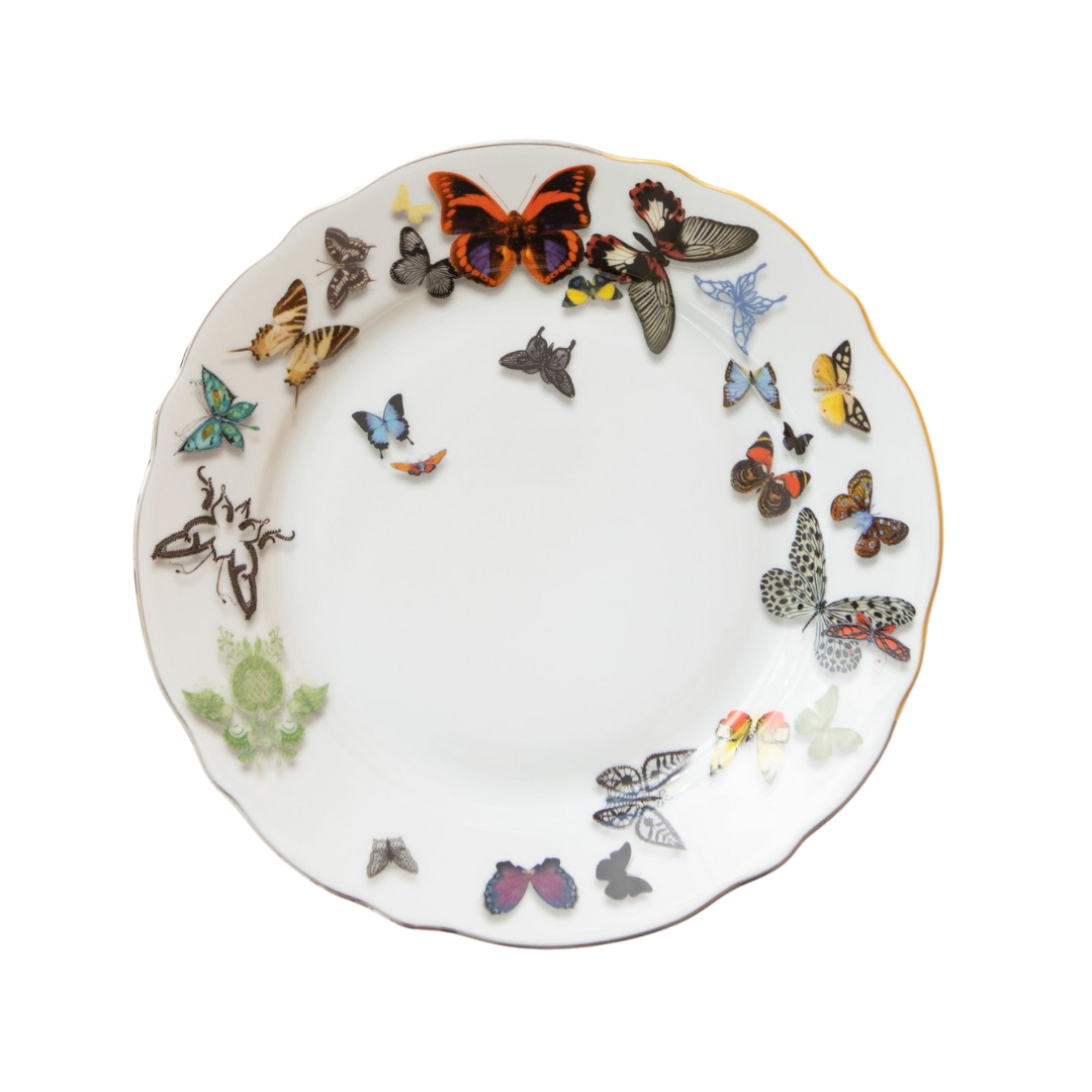 A white porcelain plate from Vista Alegre’s Butterfly Parade Dinnerware, featuring colorful butterflies and moths around the rim—perfect for luxury table settings or mixing and matching dinnerware styles.