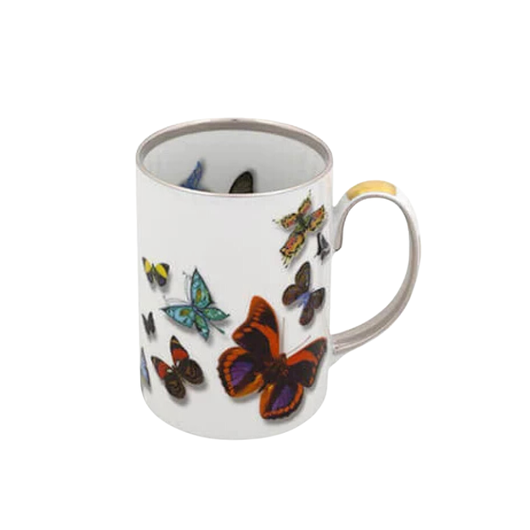 A white ceramic mug with a gold-trimmed handle, decorated with colorful butterflies from the Vista Alegre Butterfly Parade Dinnerware collection—perfect for mixing and matching luxury tableware.