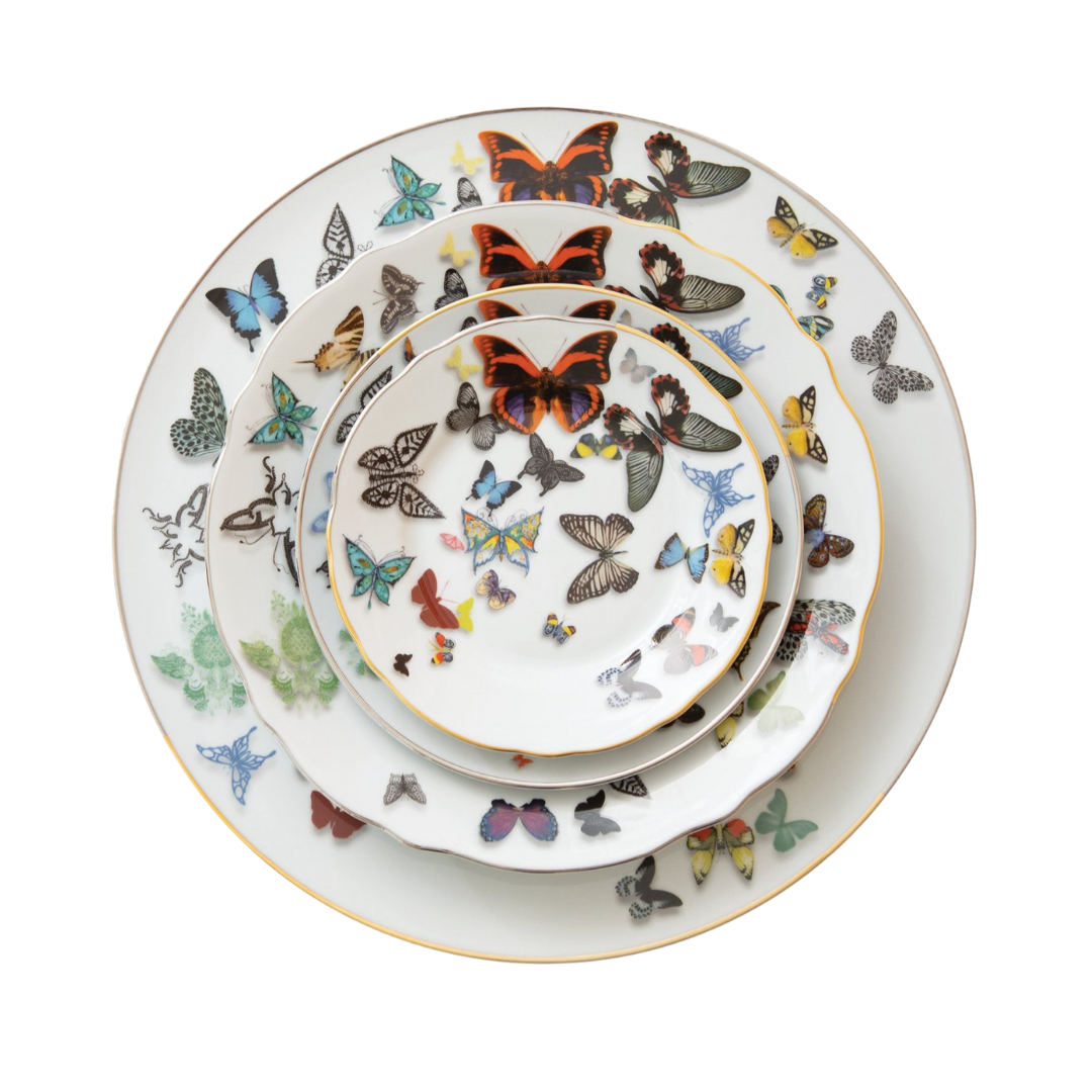 Four white porcelain plates from the Vista Alegre Butterfly Parade Dinnerware collection, each with colorful butterfly designs and gold rims, are stacked together—ideal for luxury dinnerware enthusiasts to mix and match.