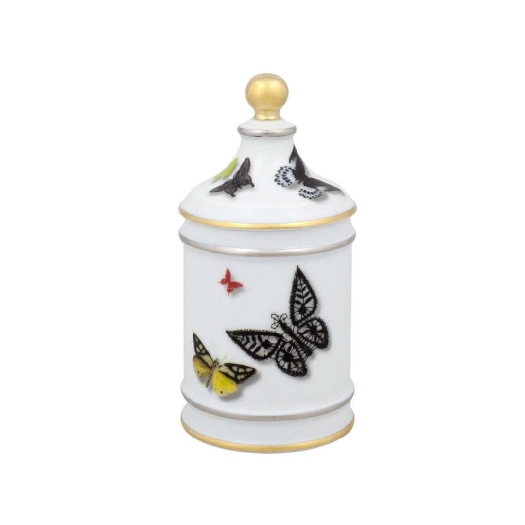 A white porcelain jar with a gold-tipped lid, adorned with colorful butterflies and gold accents—this striking piece from Vista Alegre’s Butterfly Parade Dinnerware is perfect for elevating your luxury dinnerware collection.
