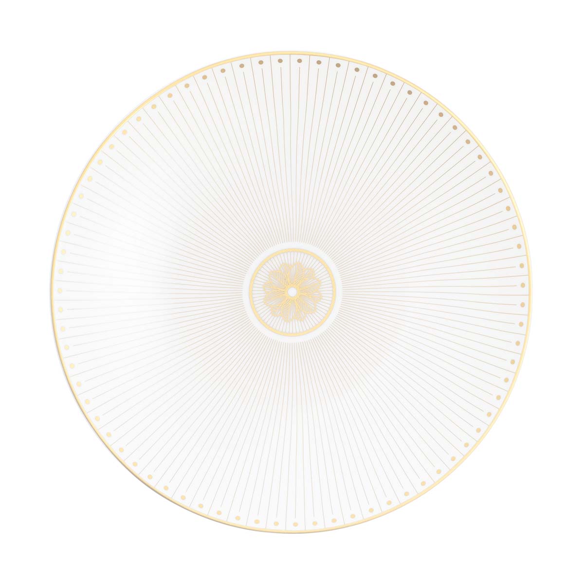 Christofle Malmaison Imperiale Porcelain Dinnerware Gold plate featuring a central gold floral emblem surrounded by radiating fine lines and a gold-dotted rim.