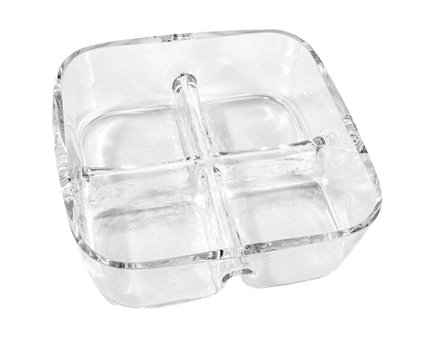 The Majestic Gifts/Barski 4 Section Square Relish Dish features intersecting dividers to organize snacks or condiments and is dishwasher safe. Shown on a white background, it's ideal for serving and sorting small items.