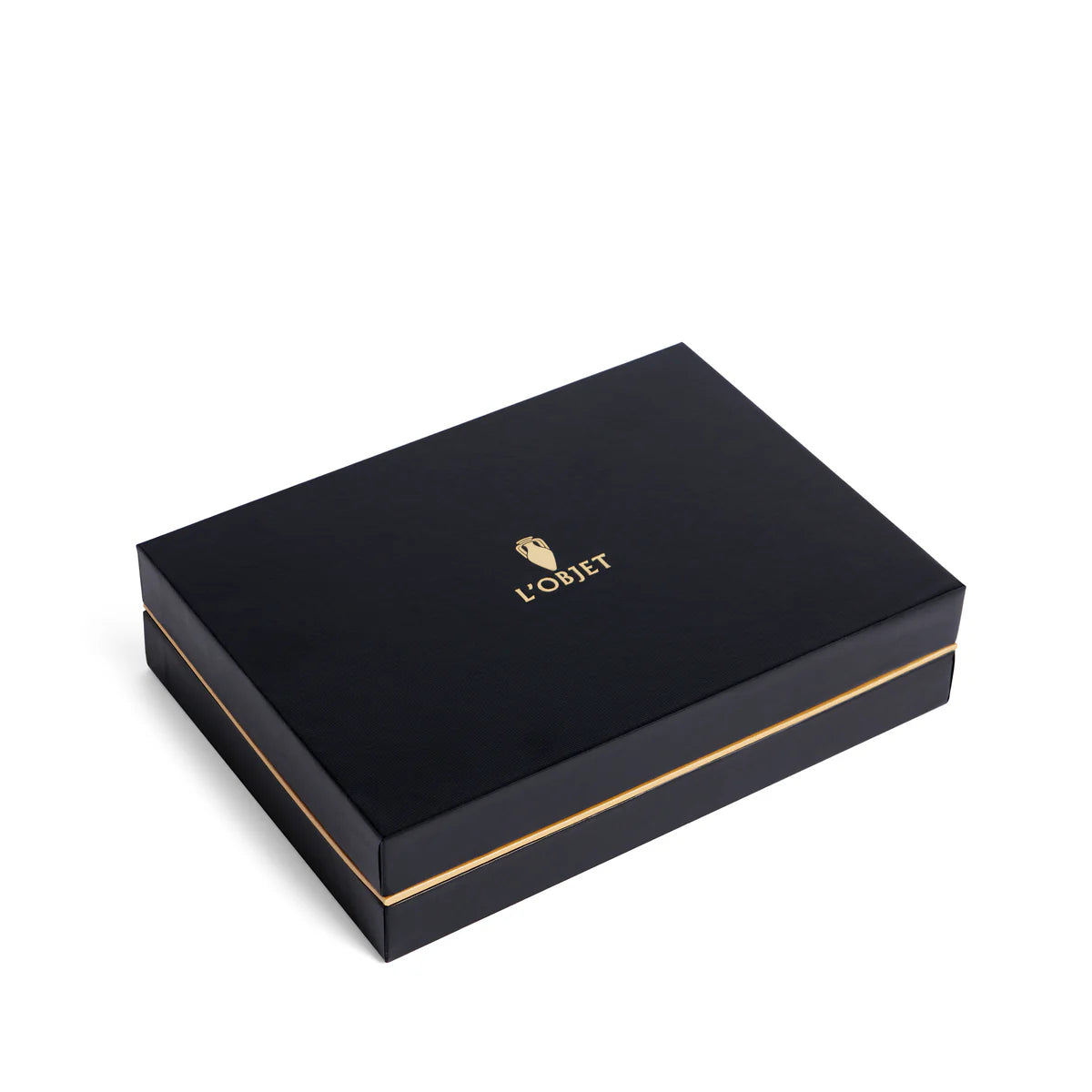A sleek black rectangular L'Objet gift box with gold trim and logo, perfect for presenting the Spirale Gold Cocktail Forks Set of 4. Shown on a white background.