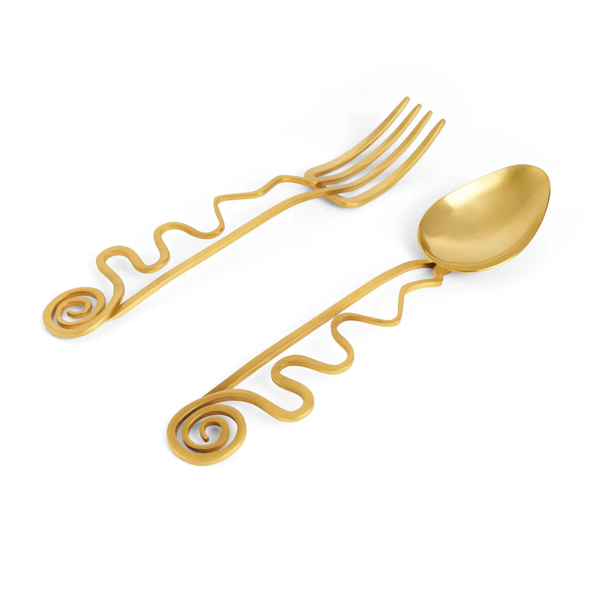The Spirale Gold Serving Set by L'Objet features a 24k gold-plated fork and spoon with wavy handles and spiral accents, elegantly displayed on a white background—perfect for elevating any table or gifting in style.