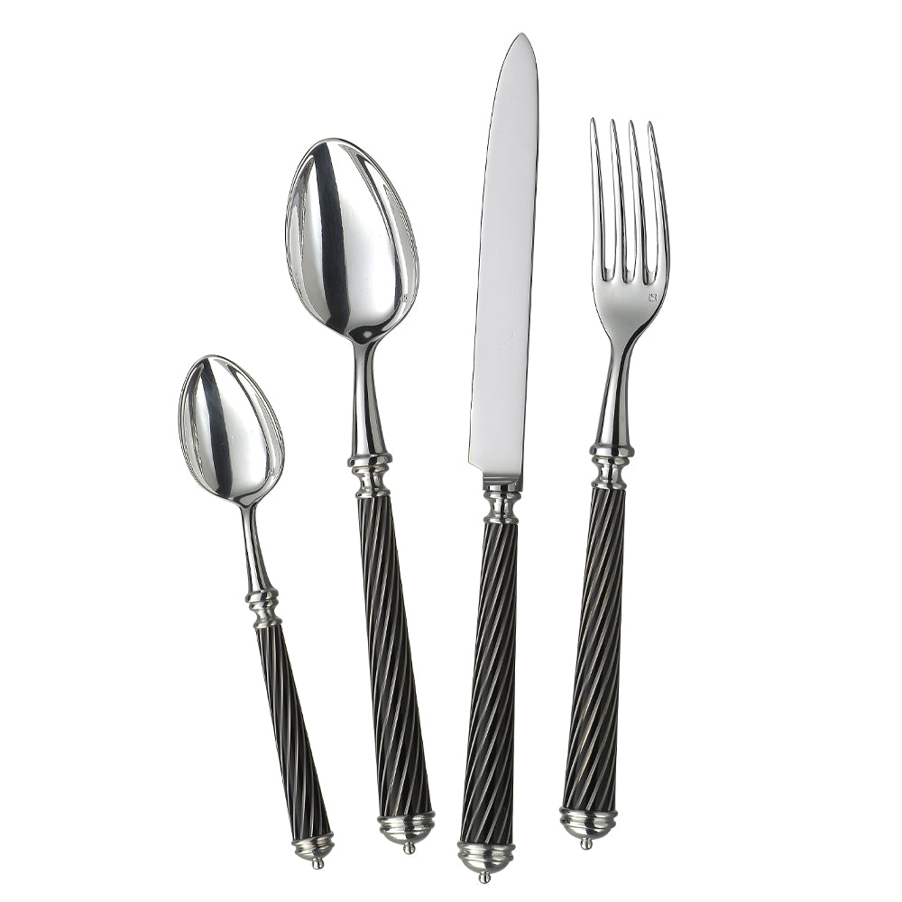 The Alain Saint-Joanis Cable Lacquered Noir 5 Piece Setting features silver-plated flatware with black twisted handles, elegantly displayed side by side on a white background.