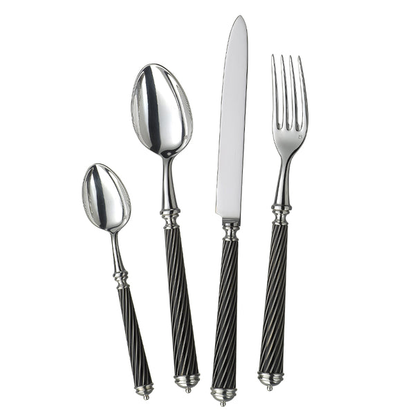 The Alain Saint-Joanis Cable Lacquered Noir 5 Piece Setting features silver-plated flatware with black twisted handles, elegantly displayed side by side on a white background.