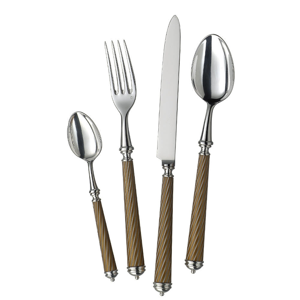 The Alain Saint-Joanis Cable Gold 5 Piece Flatware set features silver-plated heads and brown textured handles, beautifully arranged in size order on a white background.