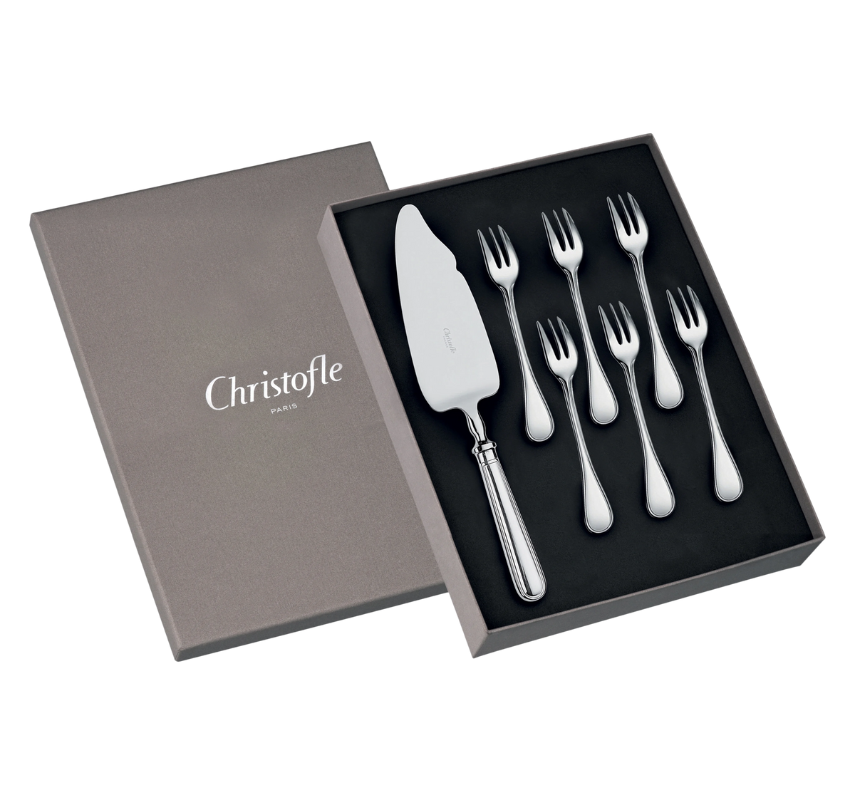 Christofle Albi Silver Plated - Cake Set with Server and 6 Dessert Forks presented in a gray gift box.