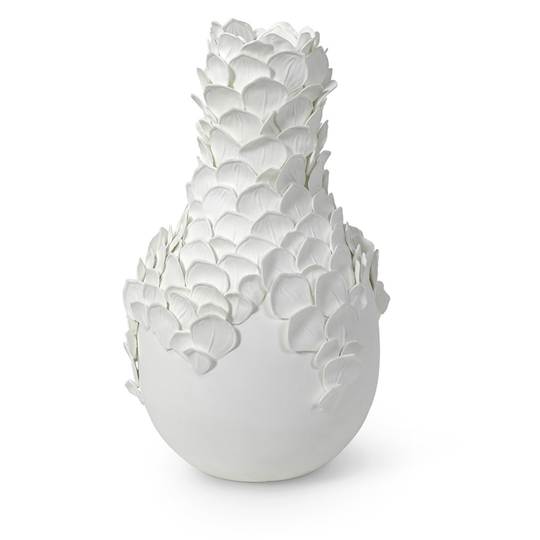 The Calla Porcelain Vase by Palecek is a luxury white porcelain vase featuring a round base, narrow neck, and textured, petal-like layers for a sophisticated floral look.