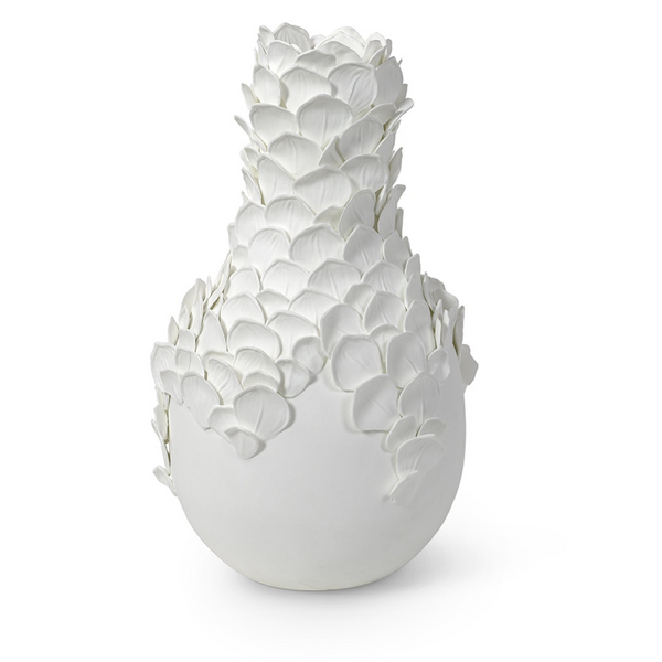 The Calla Porcelain Vase by Palecek is a luxury white porcelain vase featuring a round base, narrow neck, and textured, petal-like layers for a sophisticated floral look.