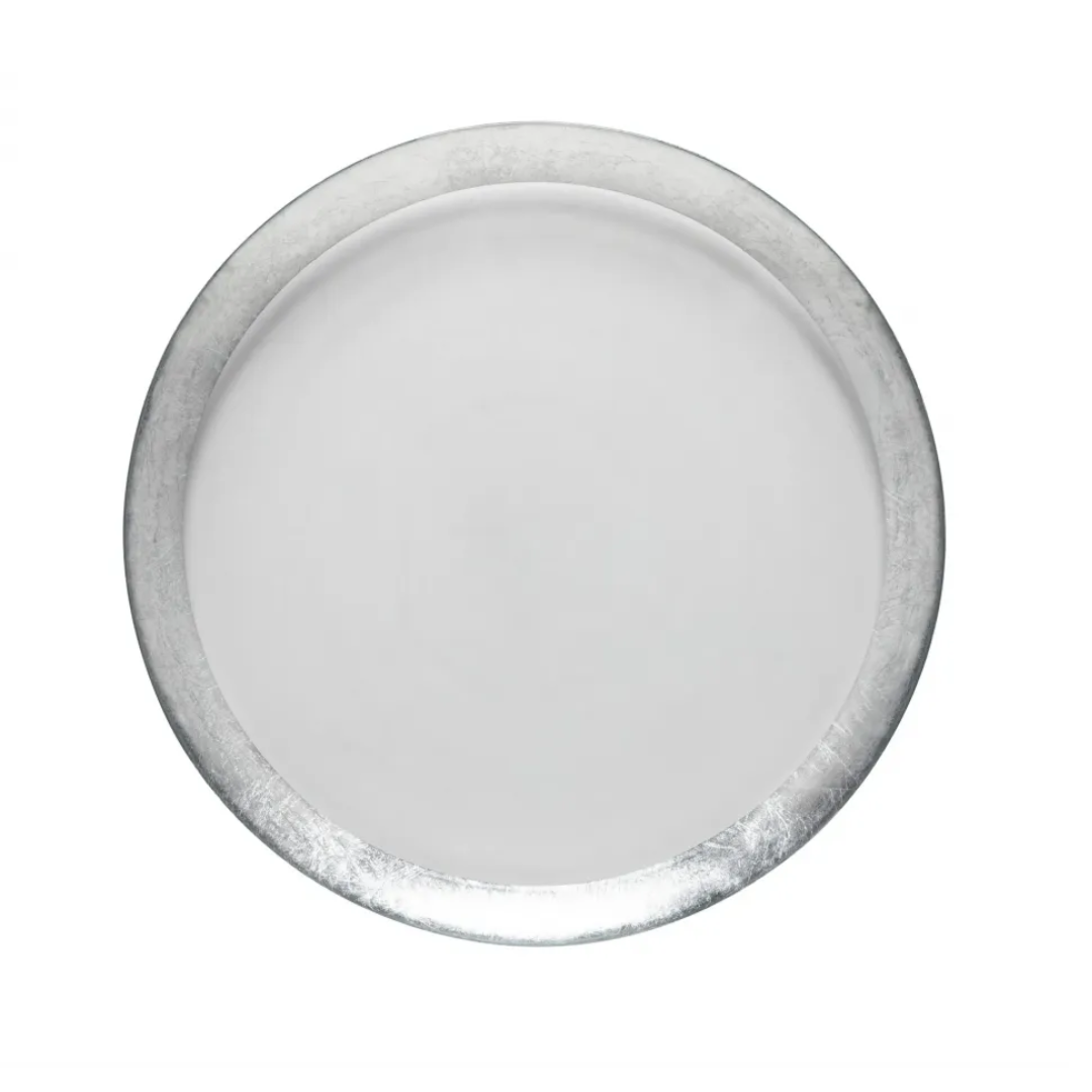 The Casafina Camille Glass Charger Silver, shown from above on a white background, displays its elegant design and mouth-blown craftsmanship—an ideal complement to Casafina glassware.