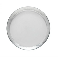 The Casafina Camille Glass Charger Silver, shown from above on a white background, displays its elegant design and mouth-blown craftsmanship—an ideal complement to Casafina glassware.