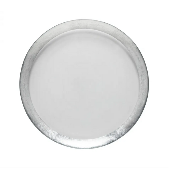 The Casafina Camille Glass Charger Silver, shown from above on a white background, displays its elegant design and mouth-blown craftsmanship—an ideal complement to Casafina glassware.