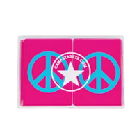 Two vibrant Canasta Card Sets from Canasta Sets feature bright pink backgrounds and bold blue peace signs, displayed side by side in a clear case—ideal for card games or as a colorful addition to your set.