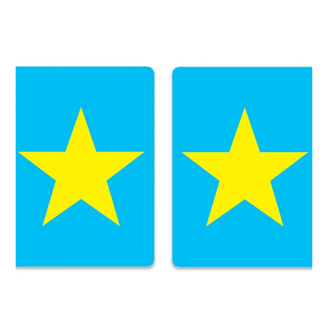 Two high-quality Canasta Sets cards, each bright blue with a large yellow star in the center, are displayed side by side—ideal for enhancing your favorite card games with Canasta Card Sets style.